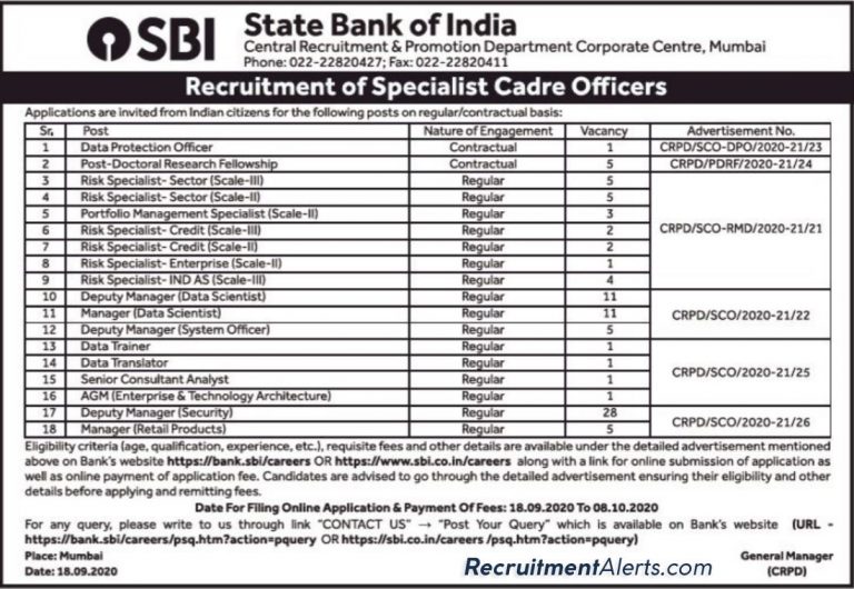 SBI Specialist Cadre Officers Recruitment 2020 for 92  